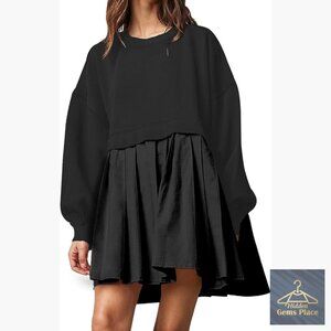 Oversized Sweatshirt Dress Long Sleeve Crew Neck Patchwork Pullover Mini